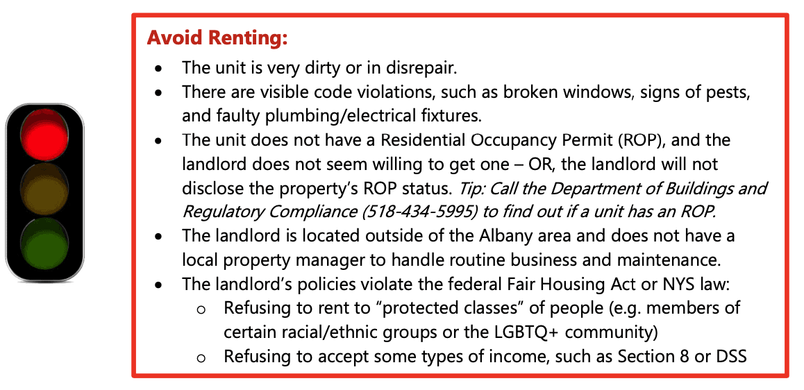 Infographic showing rental warning signs. Email dsmith@albanyny.gov for text.
